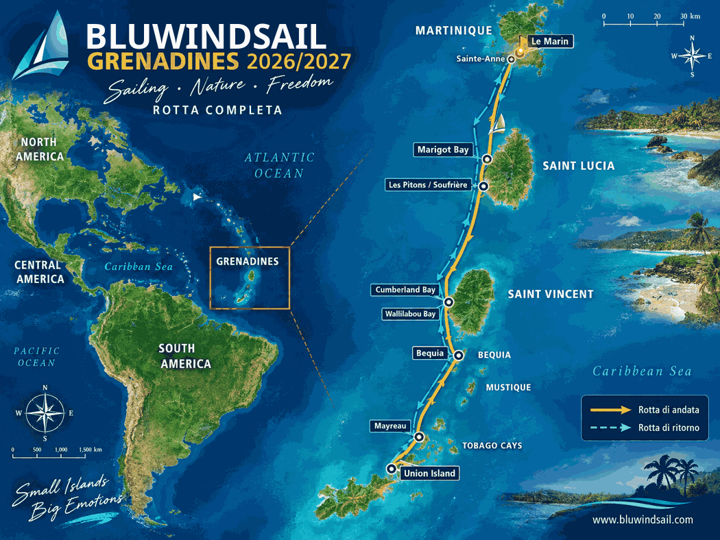 Navigazione Grenadine 2026-2027: rotta tra Martinica, Saint Lucia, Saint Vincent e Grenadine